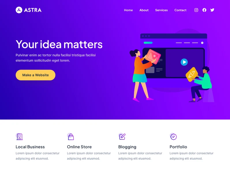 Demo de Astra con cabecera, hero y bloques de servicios Página de inicio de la demo del tema Astra para WordPress