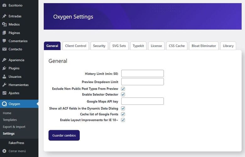 Opciones y ajustes del plugin