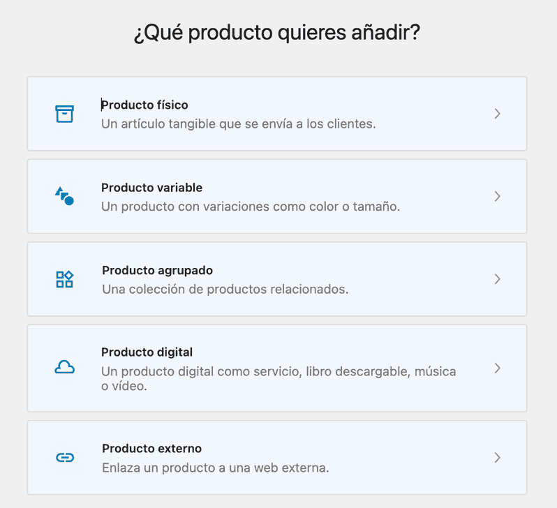 Selección de tipo de producto al crear una ficha en WooCommerce Tipos de producto disponibles en WooCommerce