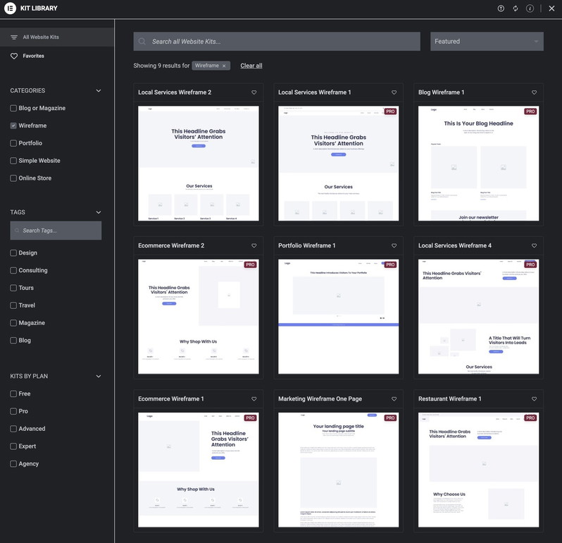 wireframe kits de Elementor