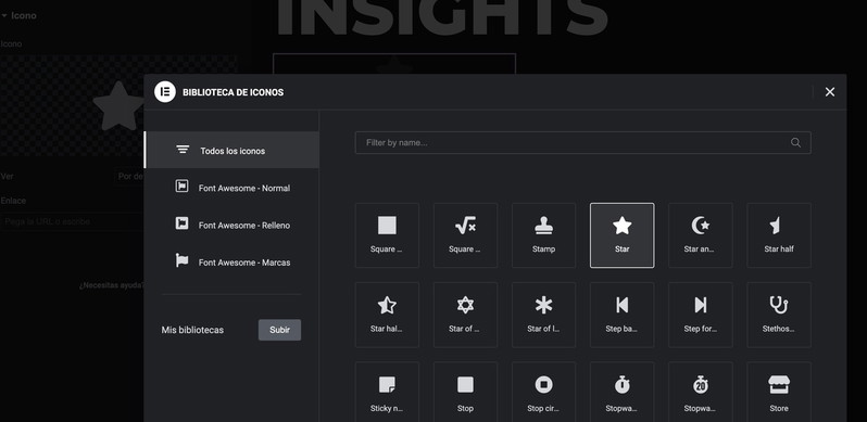 iconos en el editor de Elementor