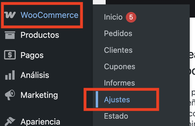 acceso a los ajustes de WooCommerce en WordPress