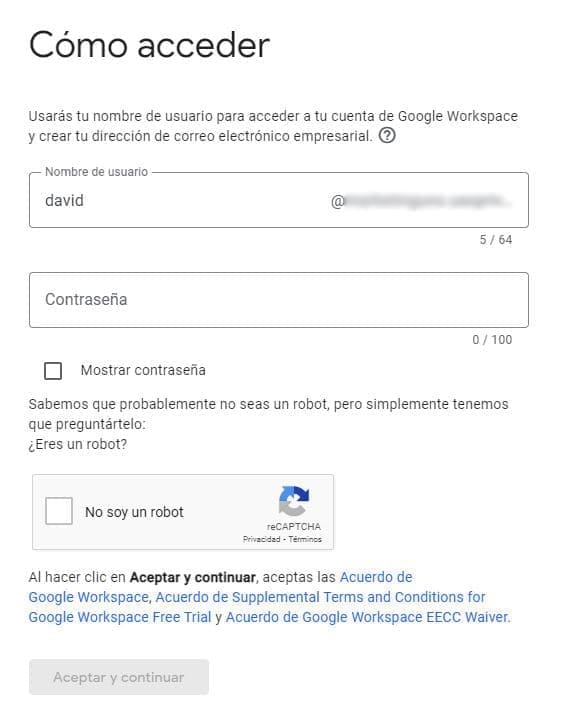 Crear un usuario de acceso a Google Workspace