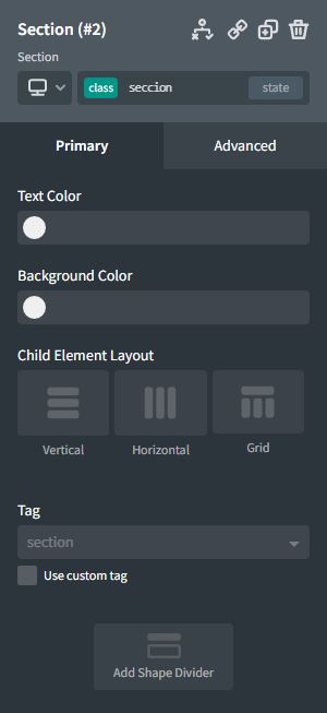 Ejemplo de las opciones de la pestaña Primary del componente "Section"