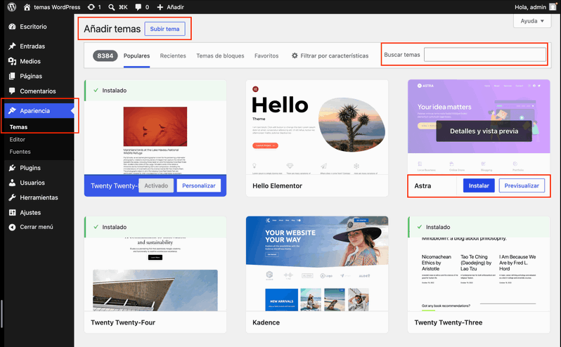 Ruta Apariencia y Temas para instalar un tema gratuito Pantalla Añadir temas del escritorio de WordPress con el buscador y el botón Instalar