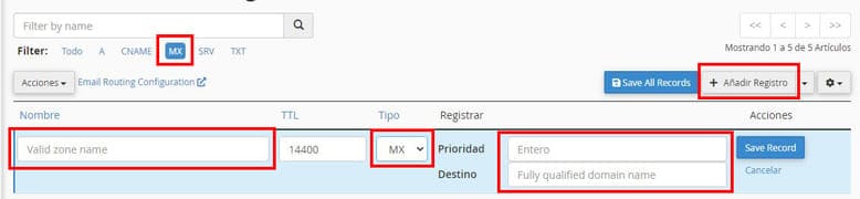 Añadir un registro MX en cPanel