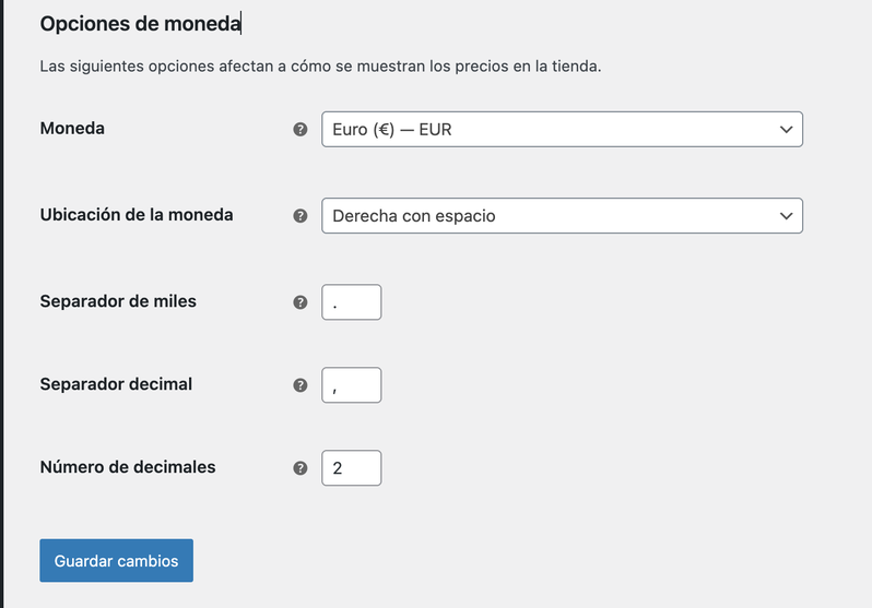 configuración de la moneda en WooCommerce