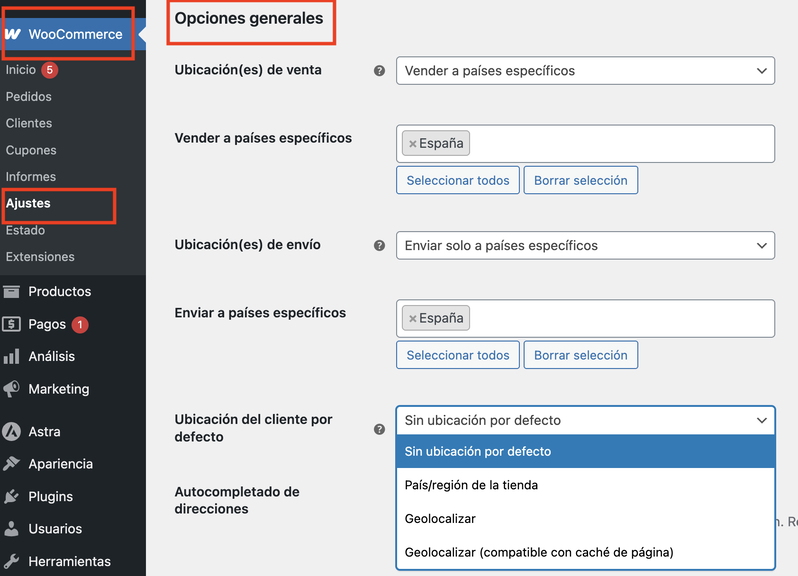 opciones generales de venta y envío por país en WooCommerce