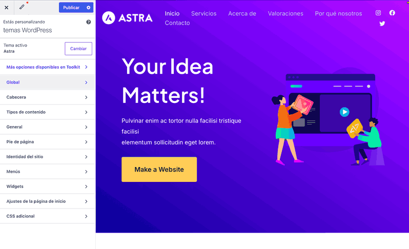 Ajustes del Personalizador tras activar el tema Personalizador de WordPress con Astra activo y el menú de opciones del tema