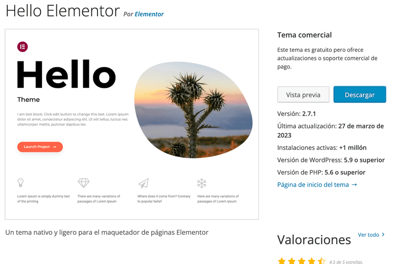 Hello Theme de Elementor en el repositorio de WordPress