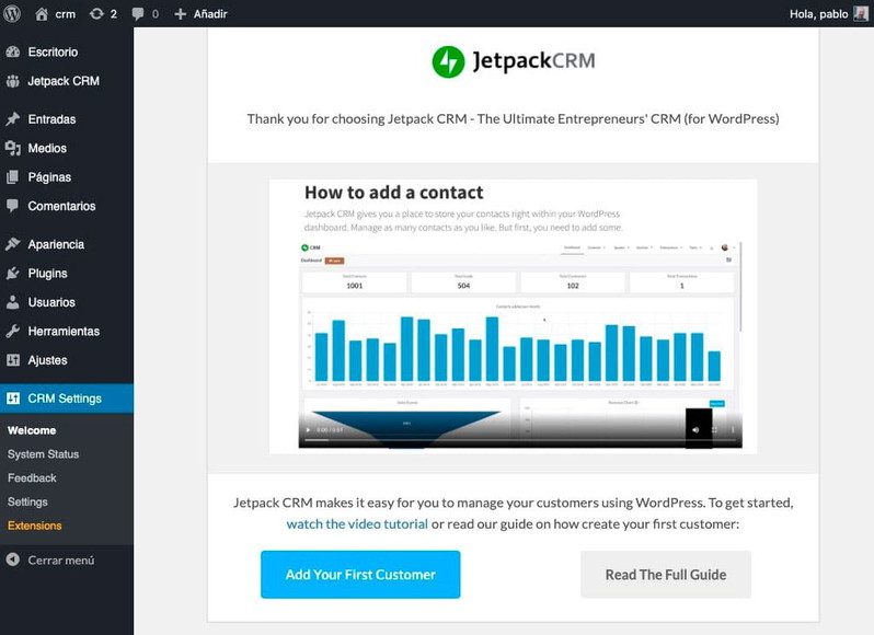 panel de control Jetpack CRM