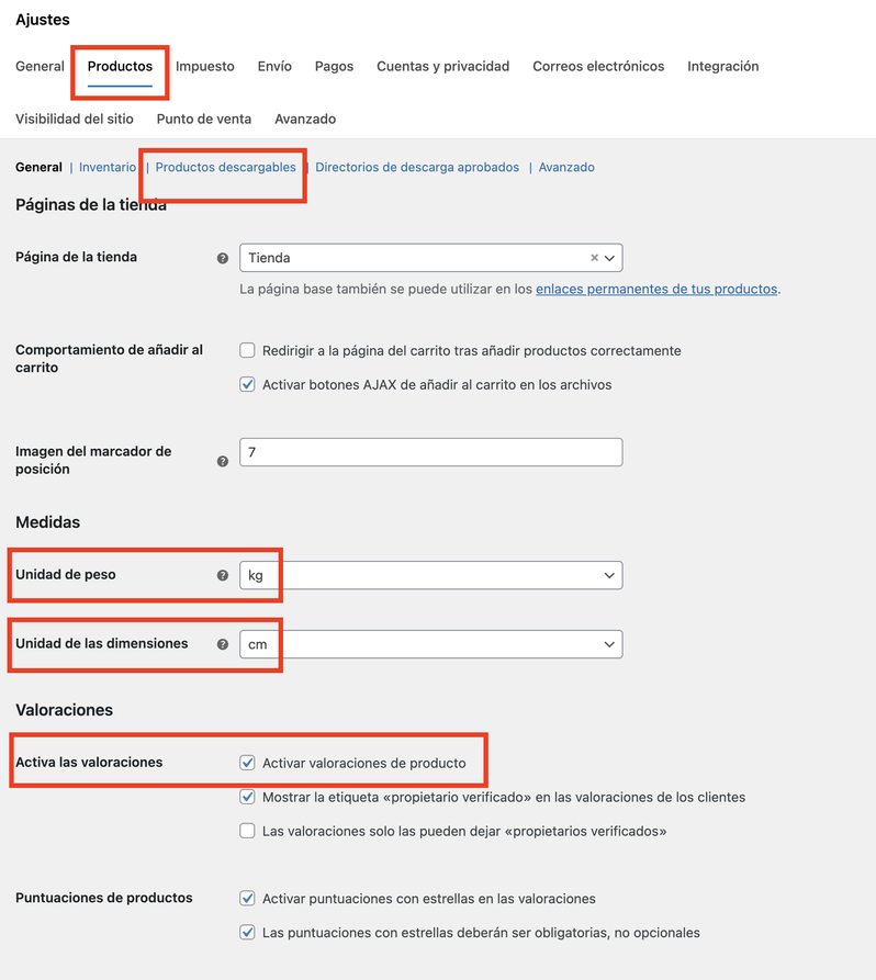 ajustes de productos en WooCommerce