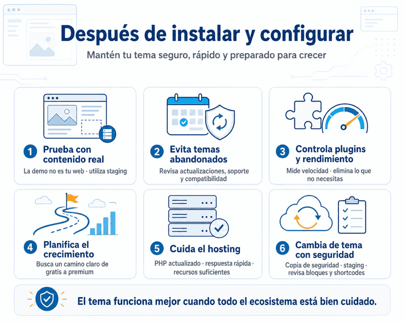Qué vigilar cuando el tema ya está en marcha Infografía con seis pautas para mantener un tema WordPress tras instalarlo
