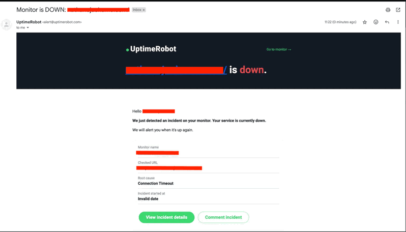 Alerta por email de UptimeRobot informando de una web caída