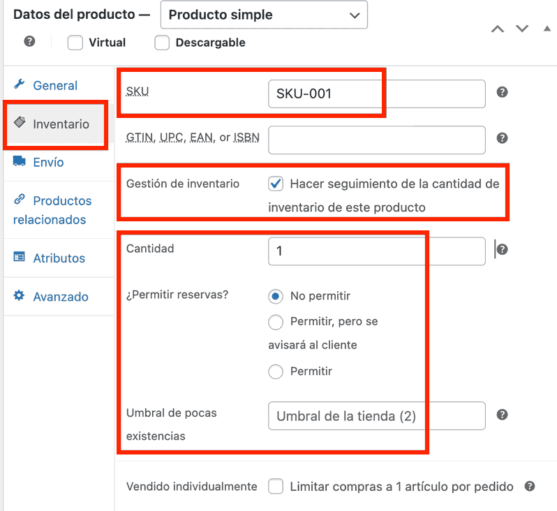 Control de existencias y reservas en WooCommerce Gestión de inventario de un producto en WooCommerce