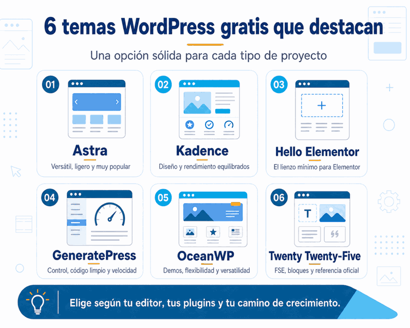 Los seis temas gratuitos y para qué proyecto encaja cada uno Infografía comparativa con los seis mejores temas WordPress gratis