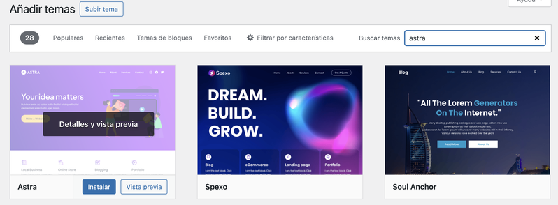 añadir temas en WordPress y buscar el tema Astra