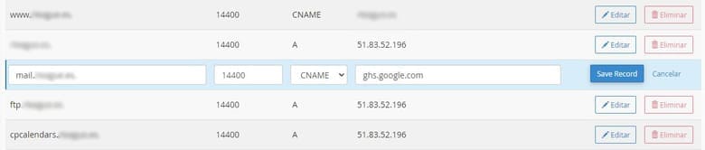 Configuración del registro CNAME