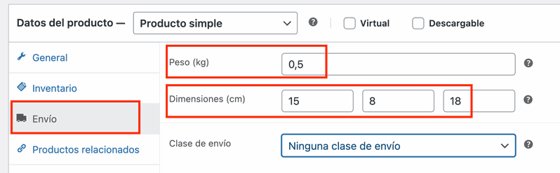Datos de envío usados para el cálculo de tarifas en WooCommerce Configuración de peso y dimensiones para envíos en WooCommerce