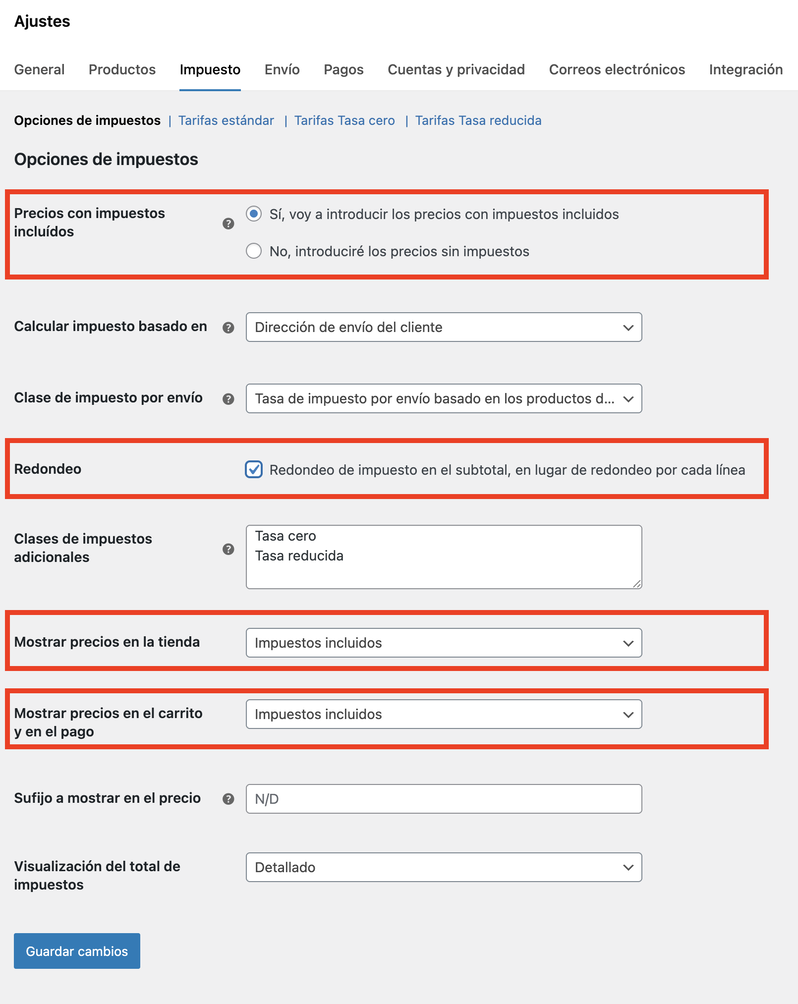 configuración correcta de impuestos en WooCommerce