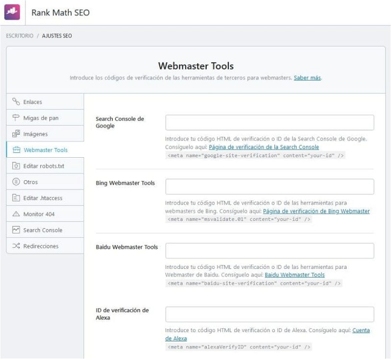 Ajustes generales webmaster tools