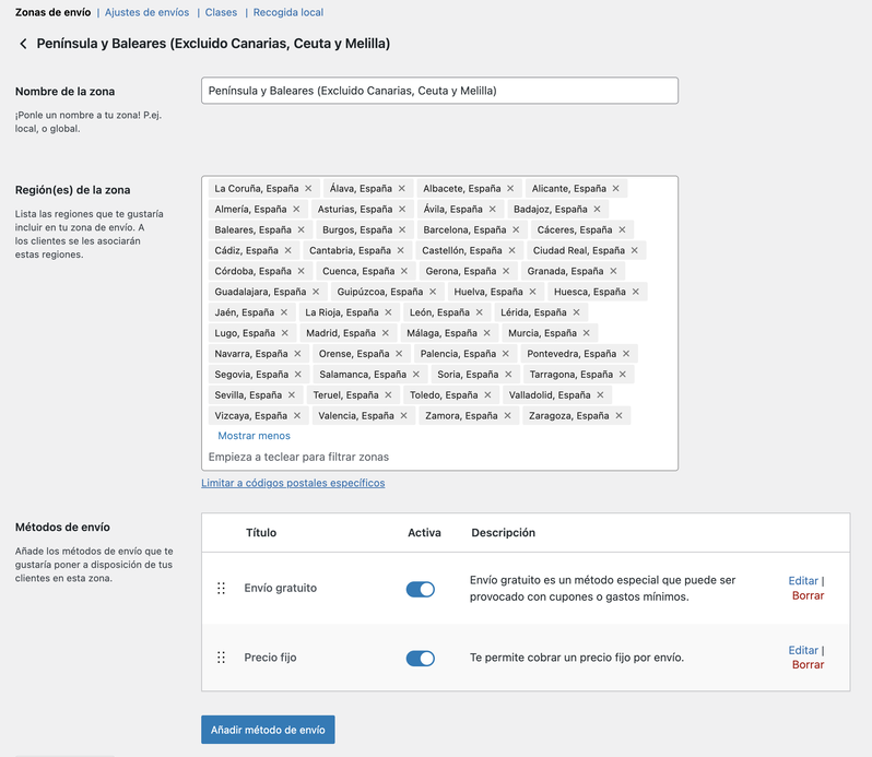 configuración de zonas de envío en WooCommerce