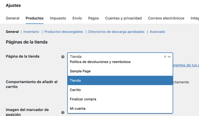configuración de las páginas de la tienda en WooCommerce