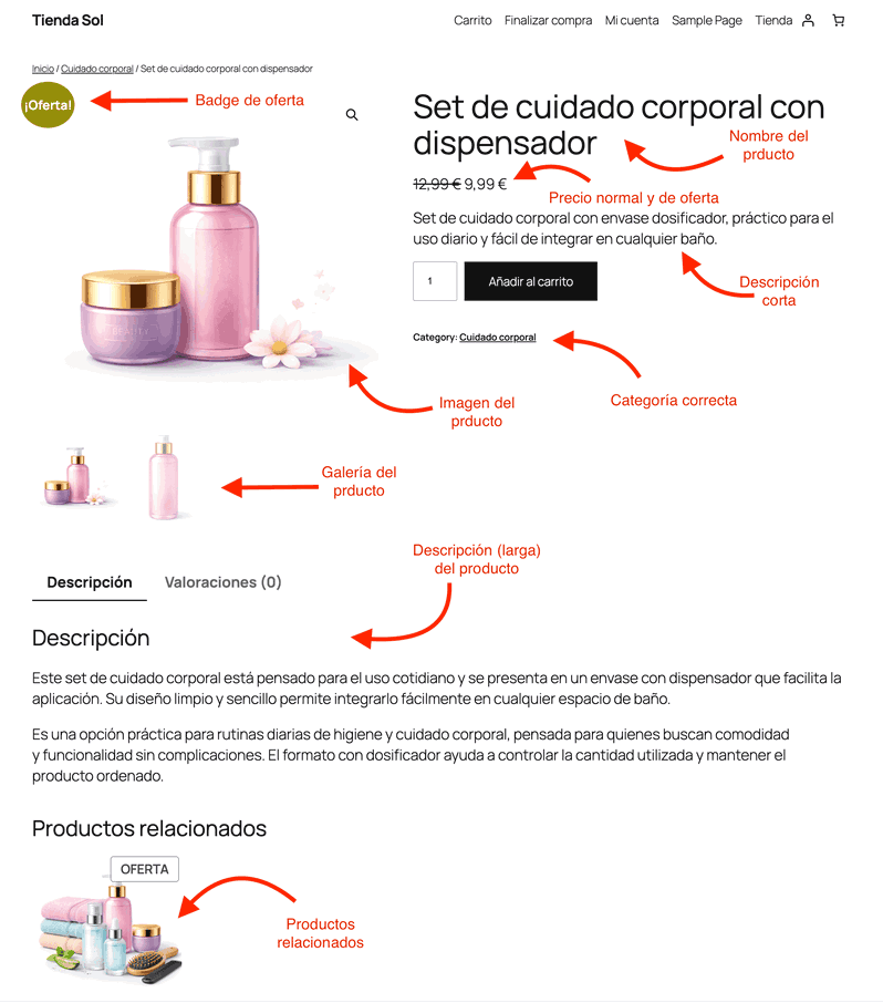Resultado final tras crear y configurar un producto en WooCommerce Página de producto individual en una tienda WooCommerce