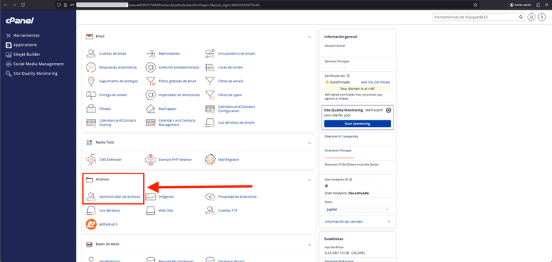 Acceder al administrador de archivos en cPanel Administrador de archivos de cPanel