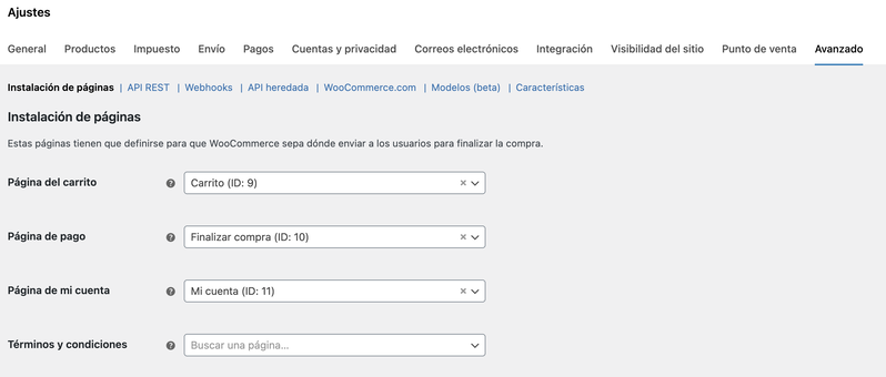configuración avanzada de páginas de WooCommerce