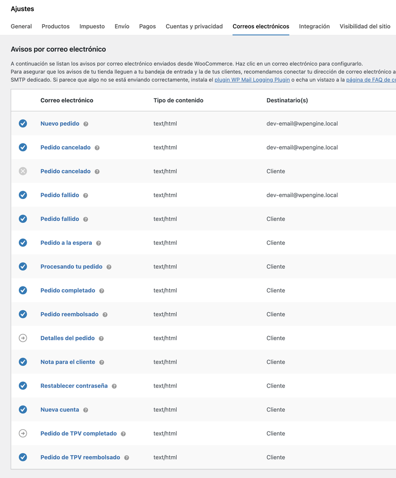 configuración de correos electrónicos en WooCommerce