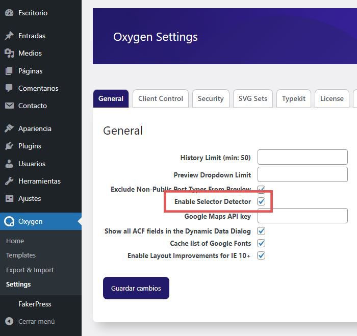 Cómo activar la opción "Enable Selector Detector" para poder dar estilos a elementos de plugins.