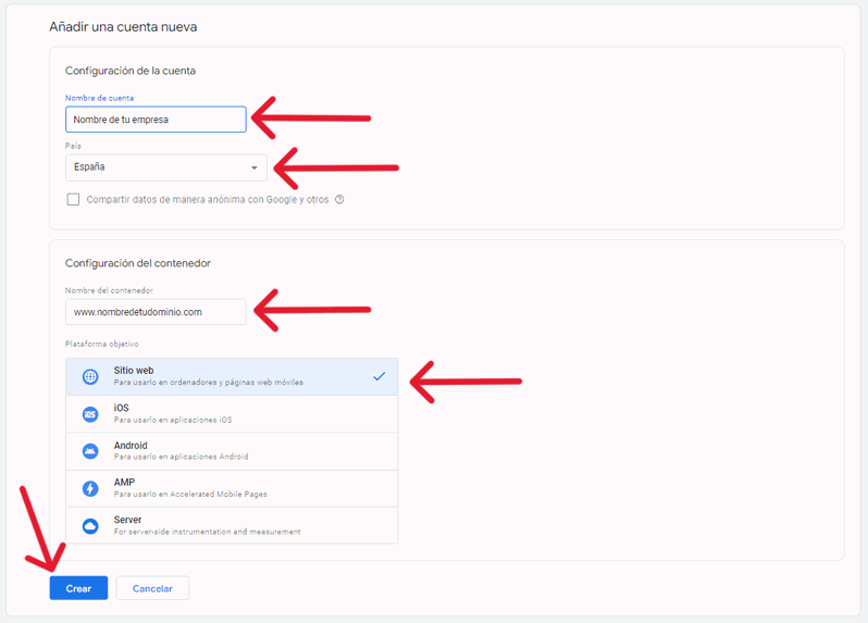 Rellenar información y crear cuenta de Google Tag Manager