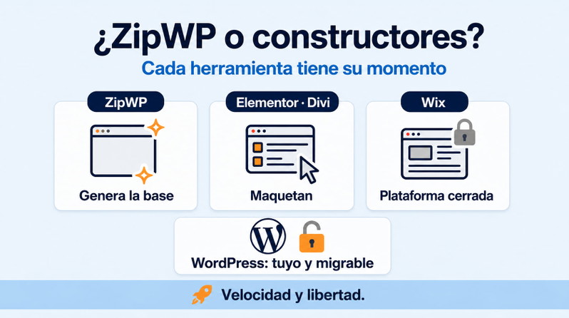 Selector de maquetador en ZipWP con las opciones Elementor y Gutenberg