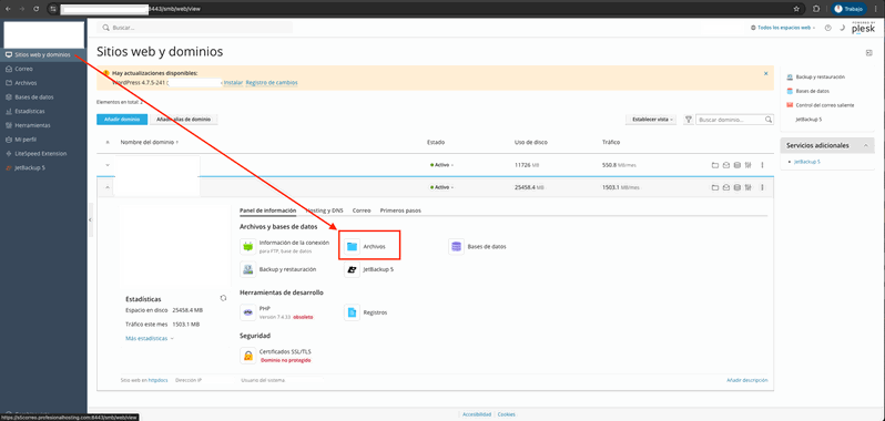 Acceder a Archivos en Plesk Sección Archivos en el panel Plesk