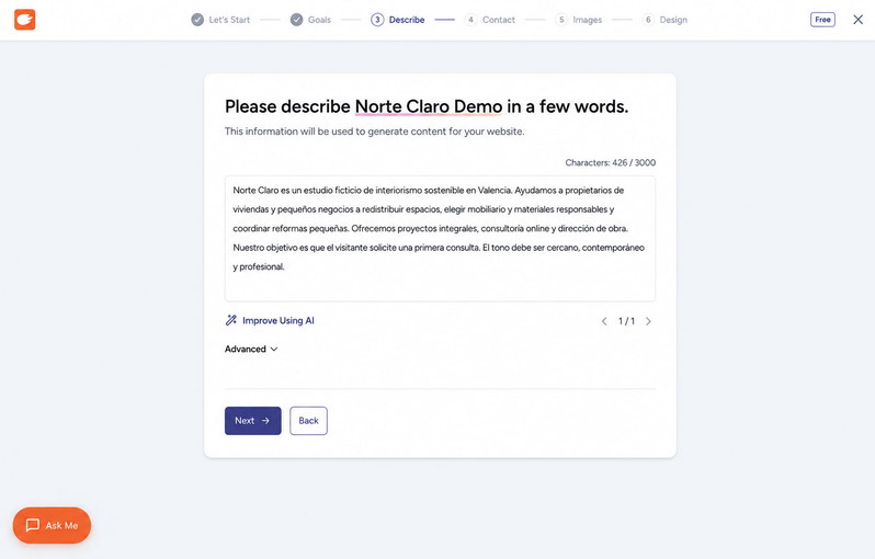 Formulario de ZipWP para indicar nombre, tipo de negocio y objetivos del sitio