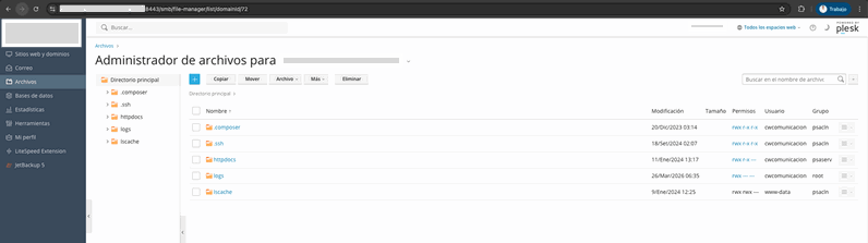 Navegar al directorio del dominio en Plesk Directorio httdocs en Plesk