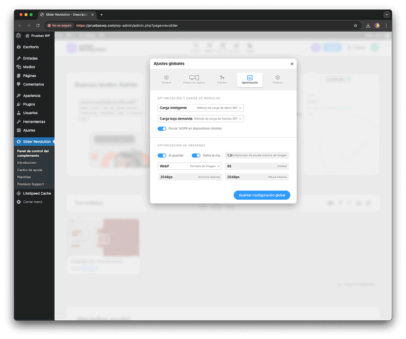 Configuración de optimización de imágenes en Slider Revolution Opciones de optimización de imágenes en el panel de control de Slider Revolution