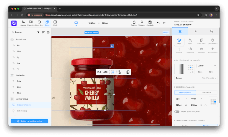 Sistema de capas en el editor visual de Slider Revolution Editor visual de Slider Revolution con sistema de capas superpuestas