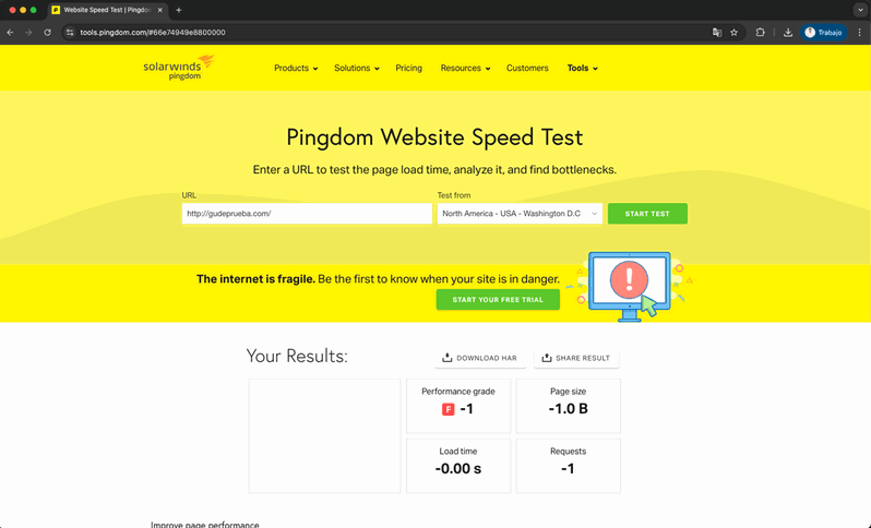 Error al analizar una web caída con Pingdom