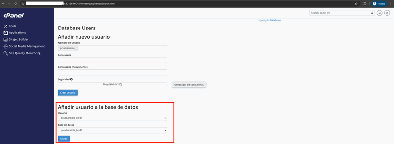 Añadir usuario a la base de datos en cPanel Asignar permisos al usuario de base de datos en cPanel