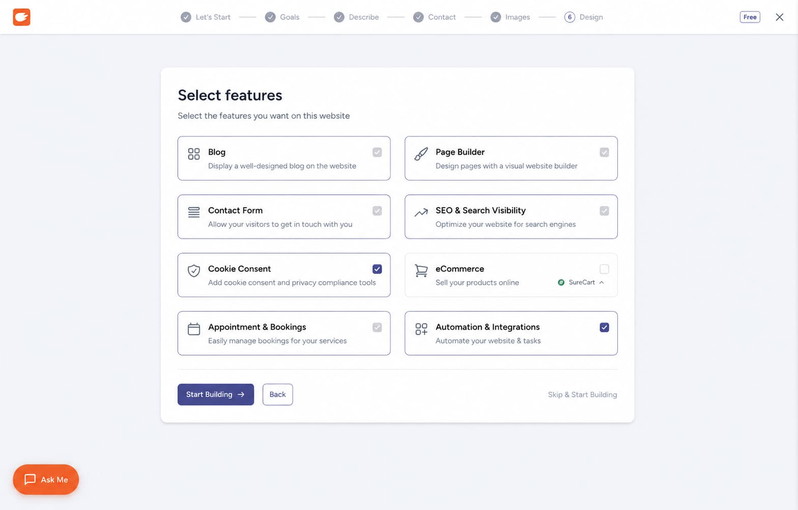 Selección de funcionalidades en ZipWP con blog, formulario, SEO y cookies