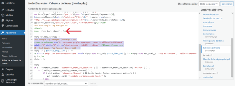 Código body de Google Tag Manager en WordPress
