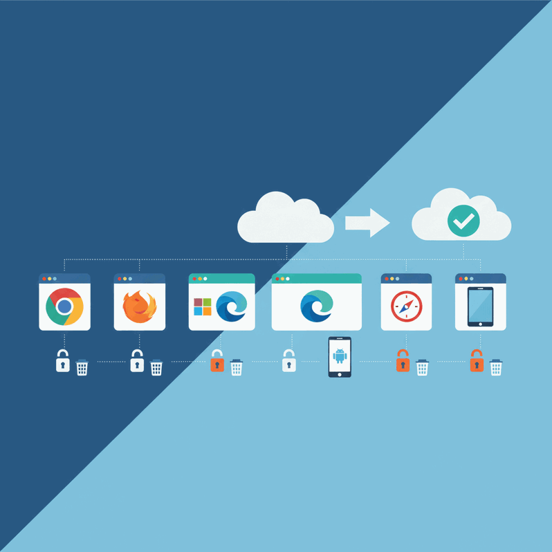 Borrar cookies en todos los navegadores y dispositivos Imagen que muestra la limpieza de cookies y datos en diferentes navegadores y dispositivos