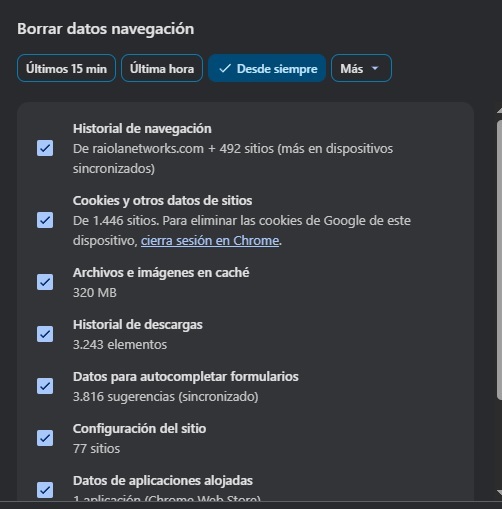 Opciones de eliminación de historial cookies y caché en Chrome Ventana de configuración de Chrome con los elementos marcados para borrar historial cookies y archivos almacenados