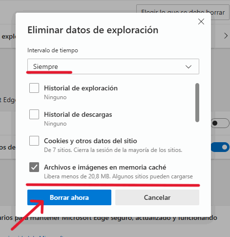 Borrar cache archivos y datos en Microsoft Edge