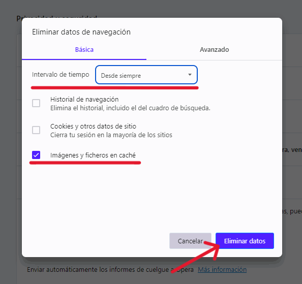 Borrar imágenes y ficheros en cache de Opera