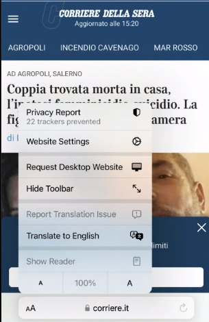 Botón para traducir páginas web en iPhone