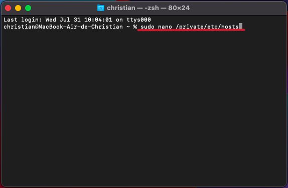 sudo nano /private/etc/hosts Editar archivo Hosts en Terminal