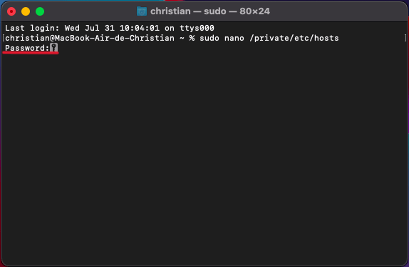 Contraseña Terminal para modificar archivo HOSTS en Mac